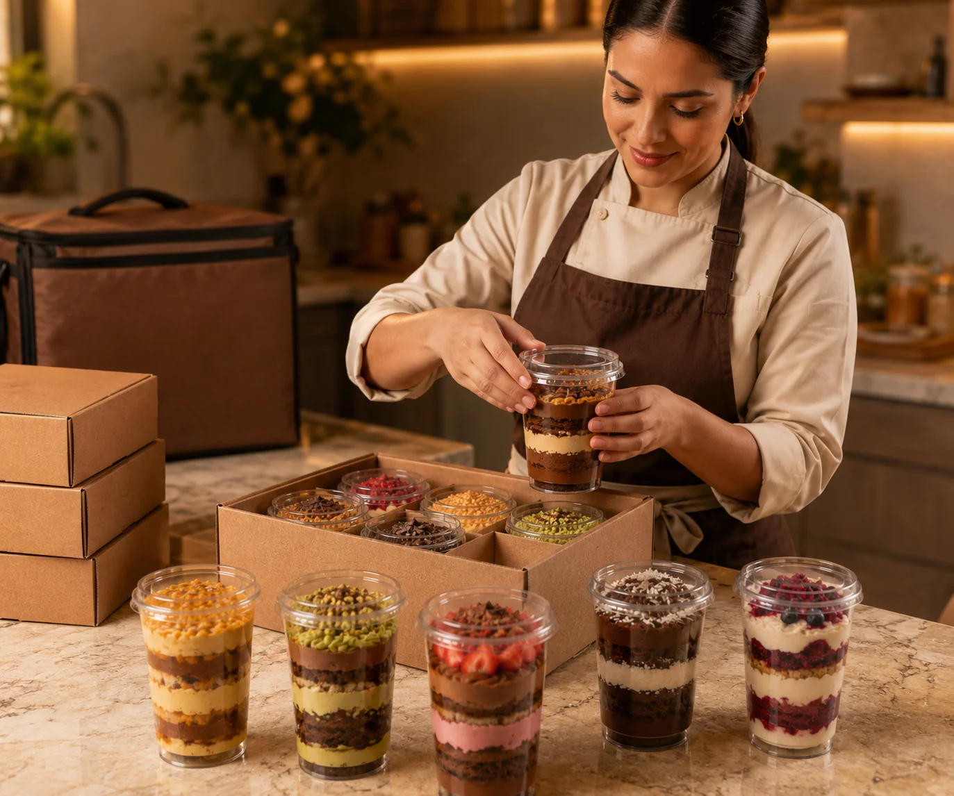 Emprendedora preparando pedidos de postres en vaso